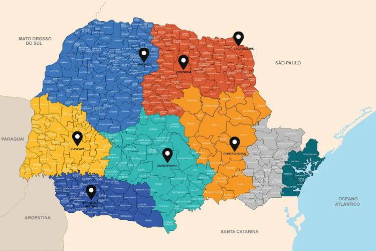 Mapa com as subdivisões entre as macrorregionais do Estado. Ao todo, serão oito centros regionais de Cultura, que devem atender a toda a cadeia do estado (Fonte: Seti).
