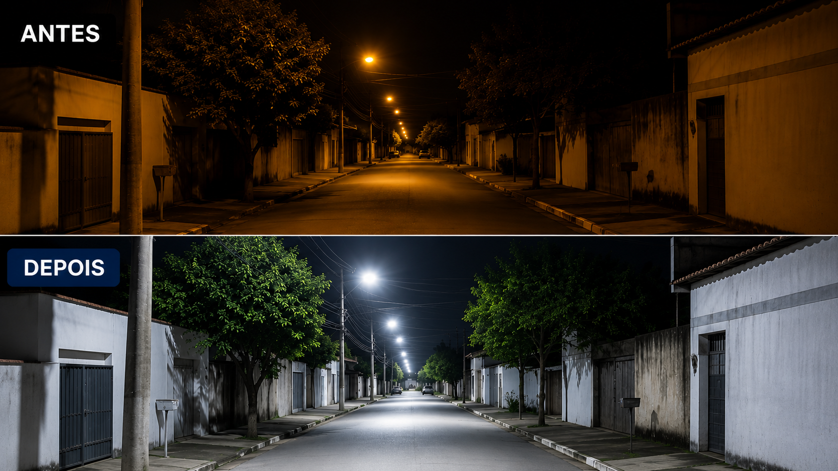 A transformação em uma noite: A modernização para LED através de PPPs não só corta gastos da prefeitura com energia, como muda radicalmente a sensação de segurança e zelo urbano da cidade.