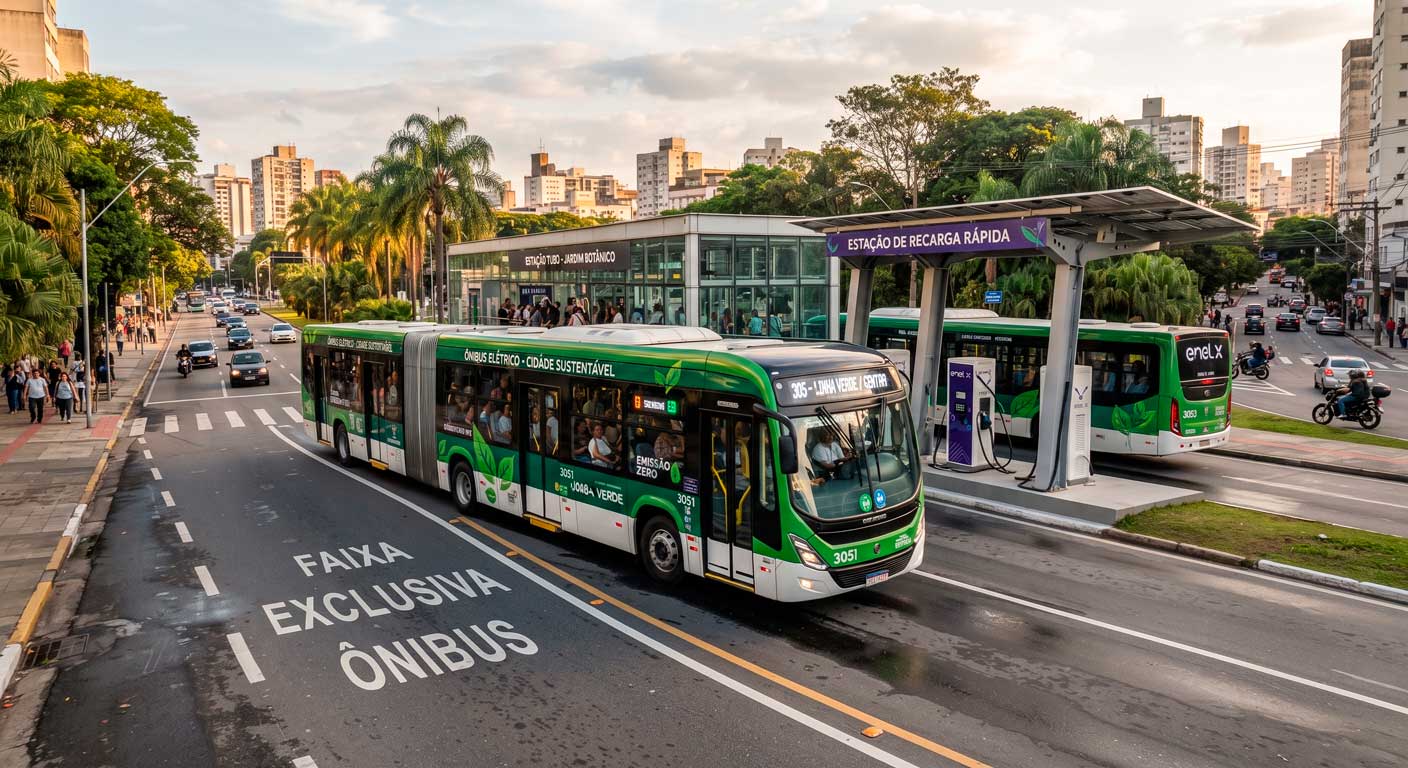 Ônibus elétrico municipal em operação em faixa exclusiva de transporte urbano