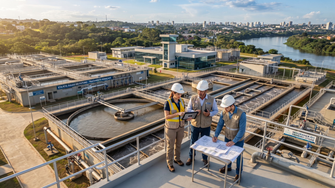 Moderna estação de tratamento de água ilustrando investimentos em saneamento básico nos municípios brasileiros