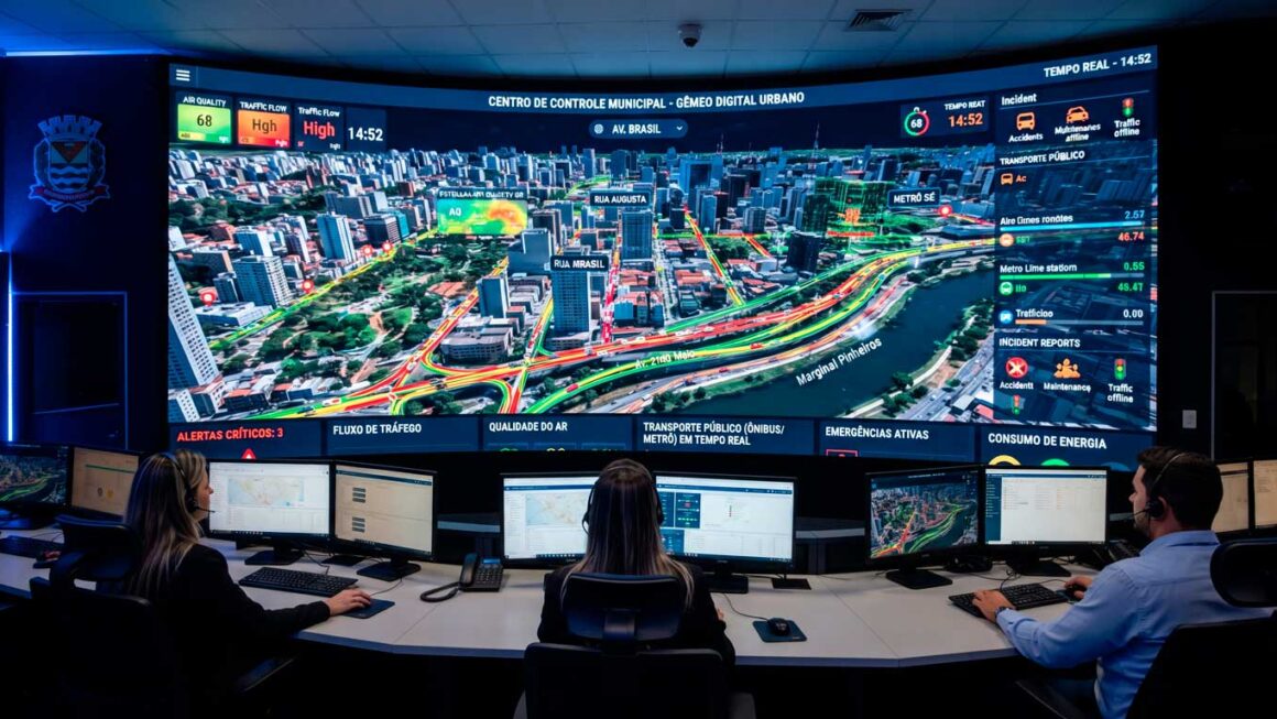 Tela de central de controle mostrando modelo em 3D de gêmeo digital para planejamento urbano