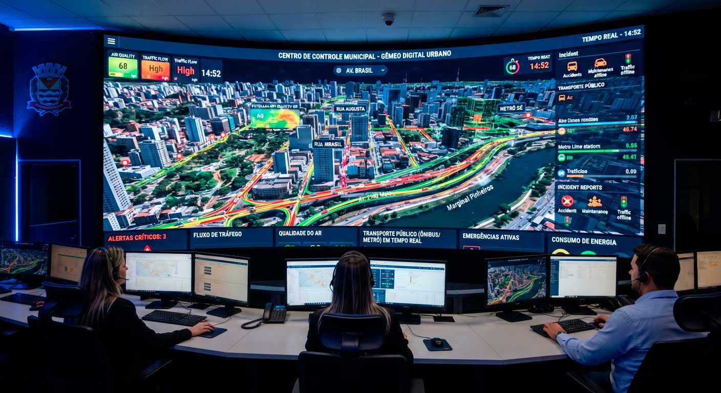 Tela de central de controle mostrando modelo em 3D de gêmeo digital para planejamento urbano