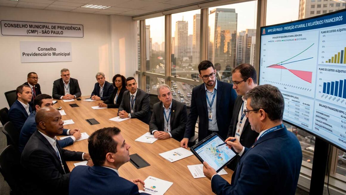 Gestores municipais e conselheiros de previdência analisando relatórios atuariais e gráficos financeiros do RPPS