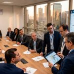 Gestores municipais e conselheiros de previdência analisando relatórios atuariais e gráficos financeiros do RPPS