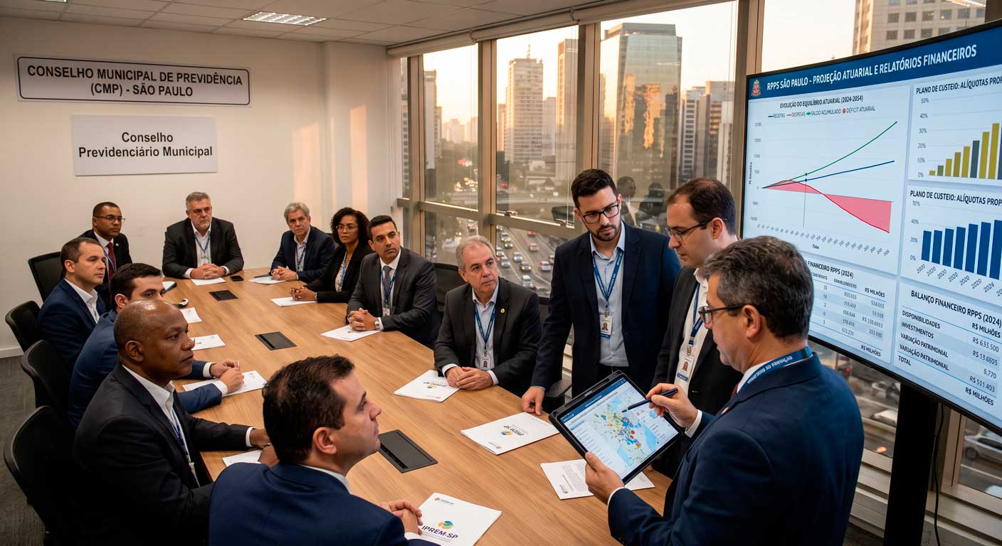 Gestores municipais e conselheiros de previdência analisando relatórios atuariais e gráficos financeiros do RPPS