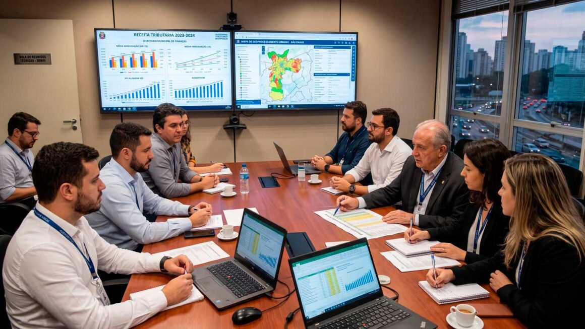 Auditores fiscais e secretários municipais analisando dados tributários para a transição do IBS