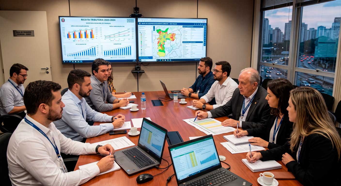 Auditores fiscais e secretários municipais analisando dados tributários para a transição do IBS