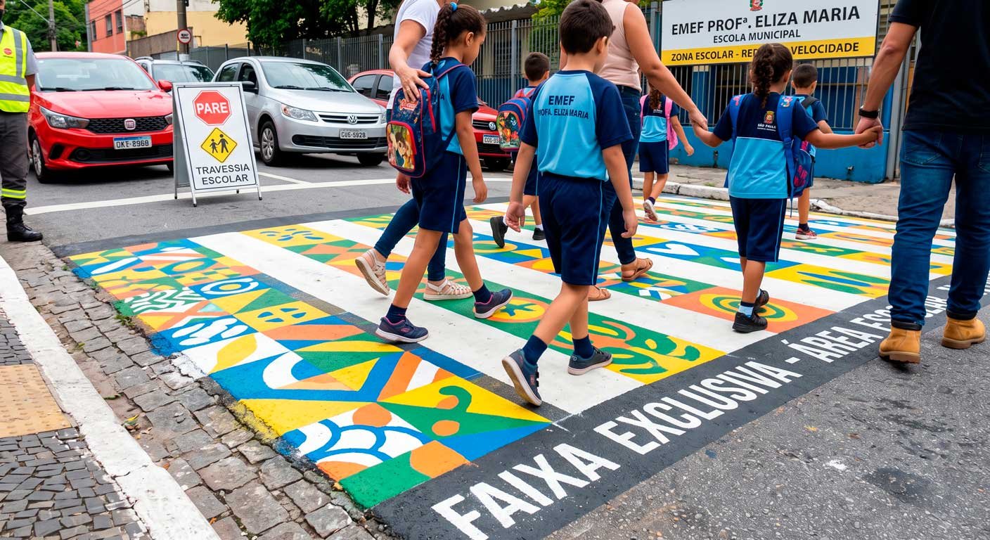 Crianças e pais atravessando rua sinalizada com urbanismo tático e faixa de pedestres elevada em frente a escola municipal