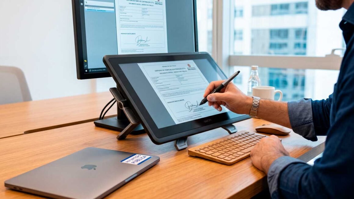 Servidor público assinando processo administrativo digitalmente em tablet e computador sem uso de papel