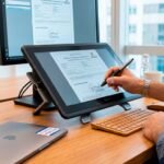 Servidor público assinando processo administrativo digitalmente em tablet e computador sem uso de papel