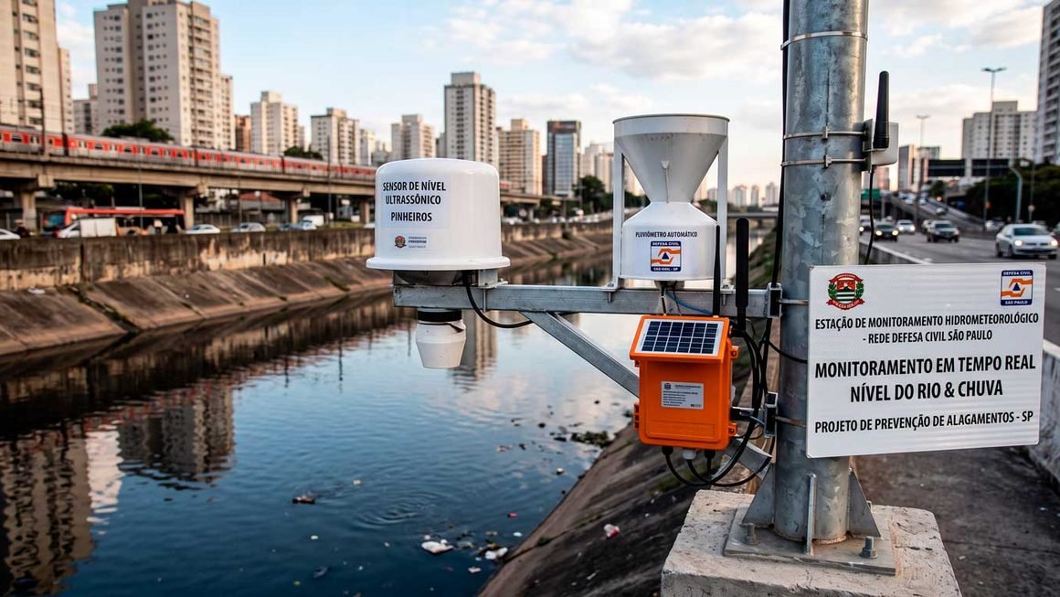 Agente da Defesa Civil e técnicos instalando e inspecionando sensores de monitoramento pluviométrico e nível de rio com conectividade IoT