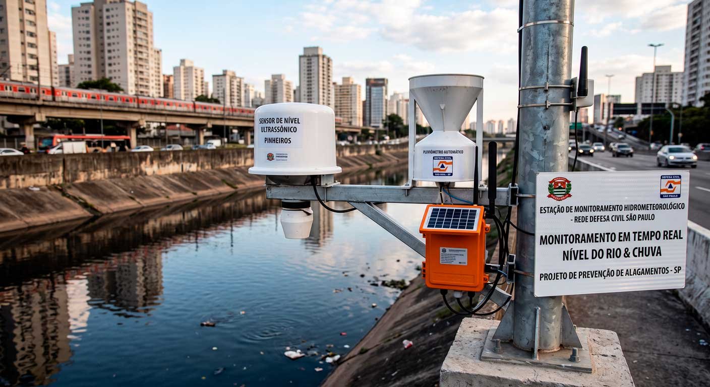 Agente da Defesa Civil e técnicos instalando e inspecionando sensores de monitoramento pluviométrico e nível de rio com conectividade IoT