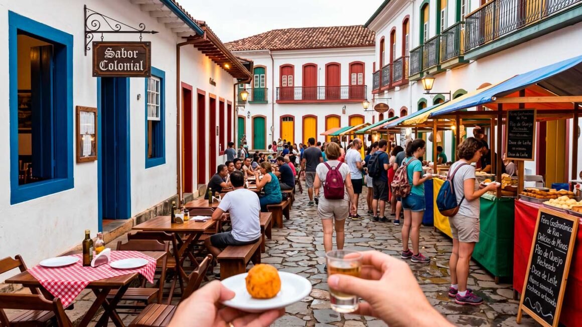 Turistas caminhando em centro histórico preservado e desfrutando da gastronomia local em ambiente urbano revitalizado