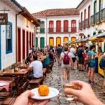 Turistas caminhando em centro histórico preservado e desfrutando da gastronomia local em ambiente urbano revitalizado