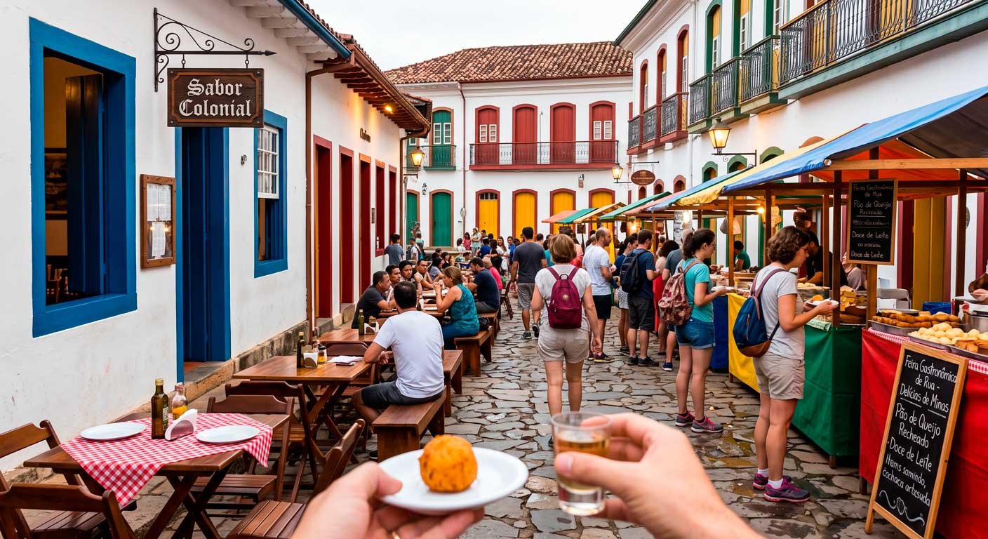 Turistas caminhando em centro histórico preservado e desfrutando da gastronomia local em ambiente urbano revitalizado