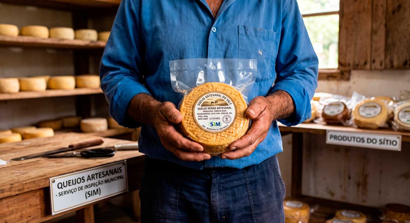 Produtor rural exibindo queijo agroartesanal com selo do Serviço de Inspeção Municipal (SIM)