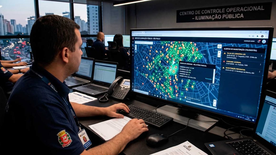 Centro de controle operacional e telegestão de parque de iluminação pública inteligente com mapa de luminárias LED em monitores