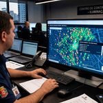 Centro de controle operacional e telegestão de parque de iluminação pública inteligente com mapa de luminárias LED em monitores