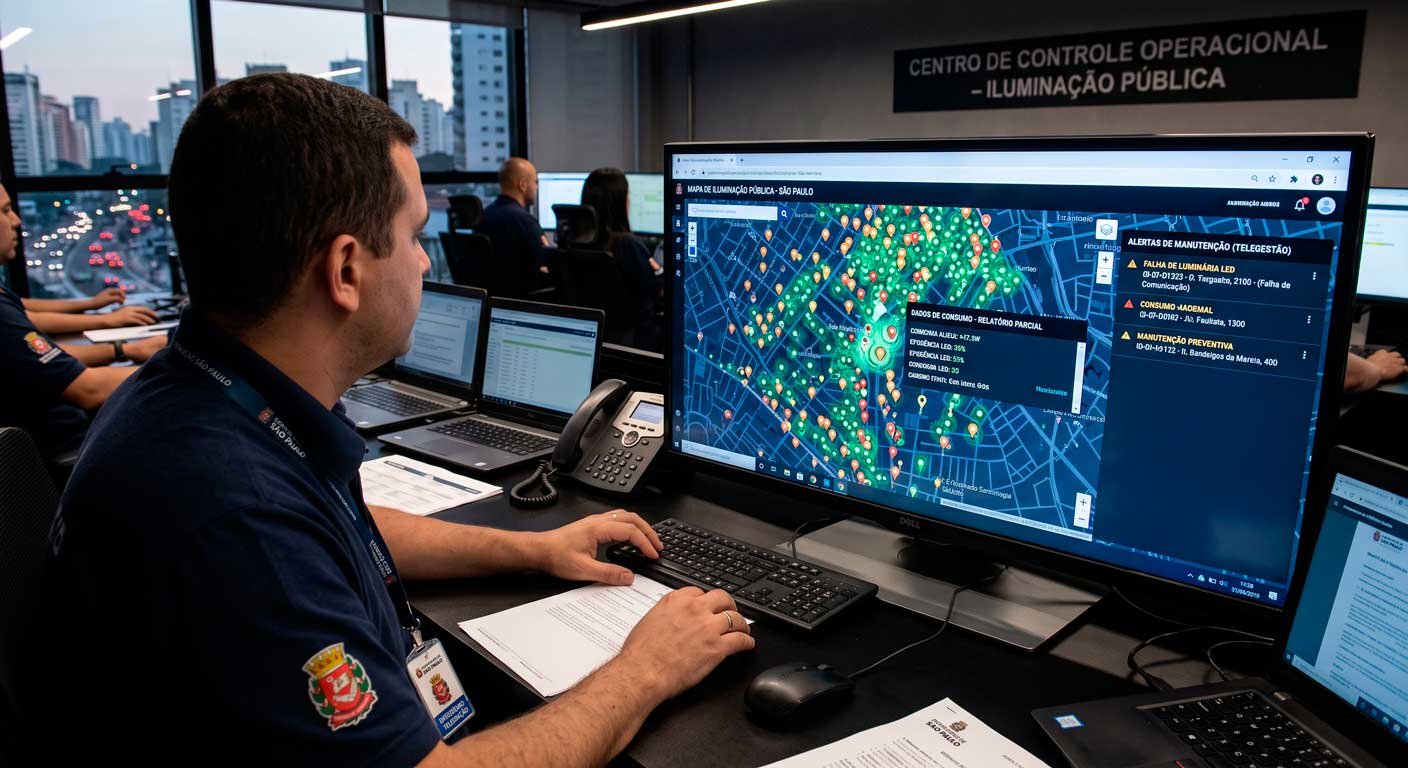 Centro de controle operacional e telegestão de parque de iluminação pública inteligente com mapa de luminárias LED em monitores