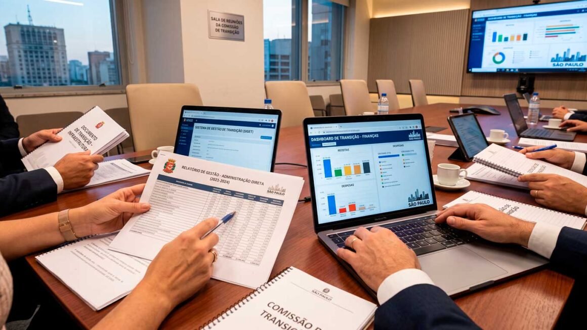 Equipes de transição de governo analisando relatórios de gestão e dados em notebooks em sala de reunião municipal