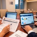 Equipes de transição de governo analisando relatórios de gestão e dados em notebooks em sala de reunião municipal