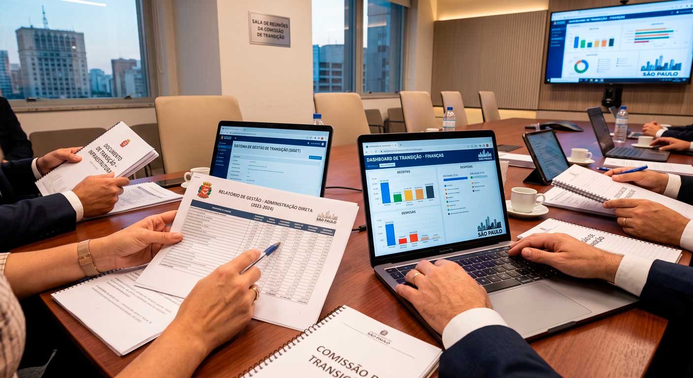 Equipes de transição de governo analisando relatórios de gestão e dados em notebooks em sala de reunião municipal