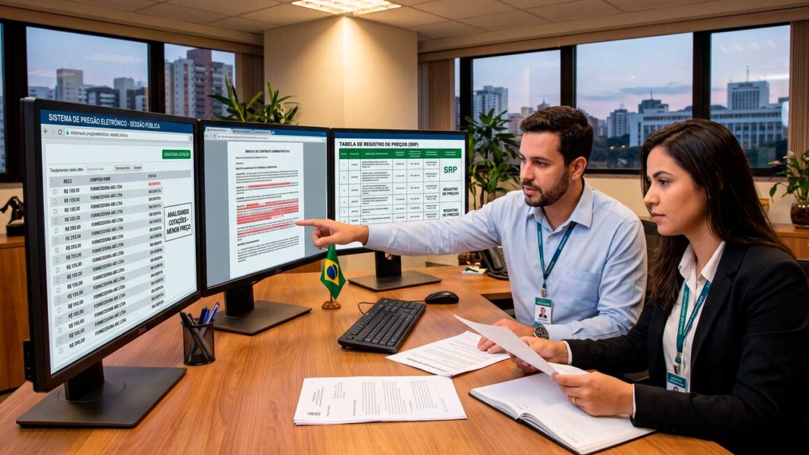 Agente de contratação analisando propostas de licitação em computador para compras públicas municipais