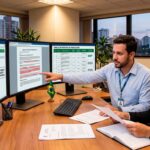 Agente de contratação analisando propostas de licitação em computador para compras públicas municipais