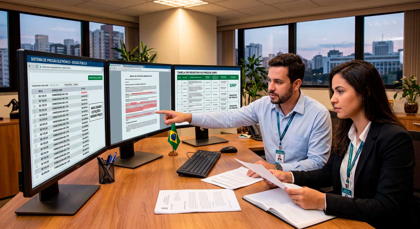 Agente de contratação analisando propostas de licitação em computador para compras públicas municipais
