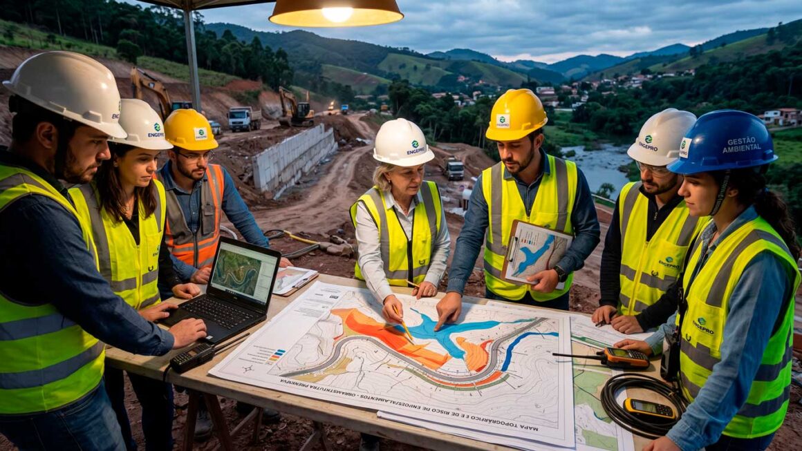 Gestores municipais e engenheiros analisando mapa de risco climático e obras de contenção de encostas