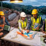Gestores municipais e engenheiros analisando mapa de risco climático e obras de contenção de encostas