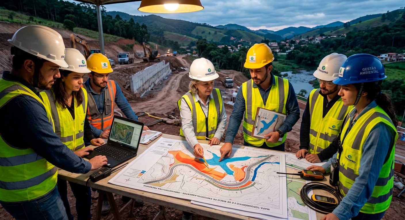 Gestores municipais e engenheiros analisando mapa de risco climático e obras de contenção de encostas