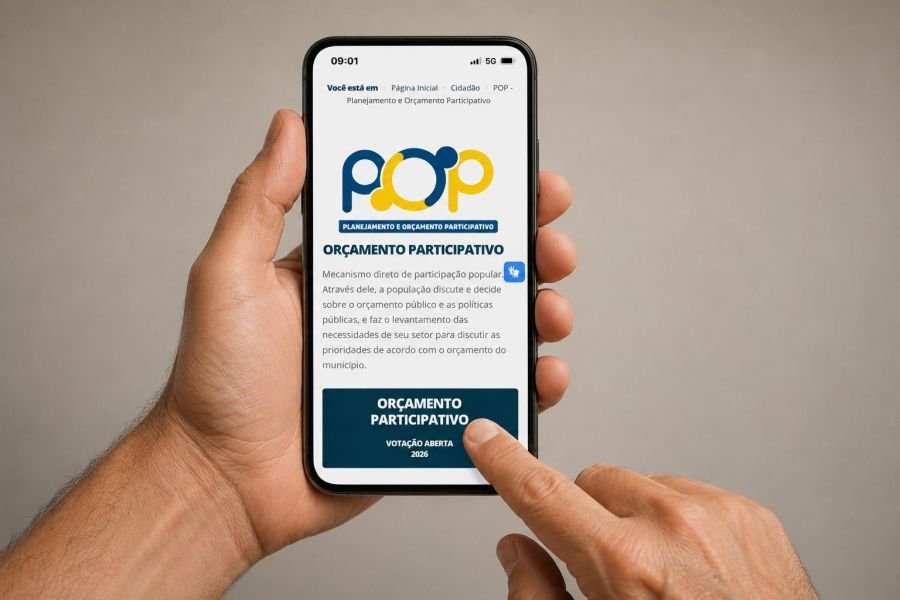 Cidadão votando nas prioridades do Orçamento Participativo Digital através de aplicativo no celular