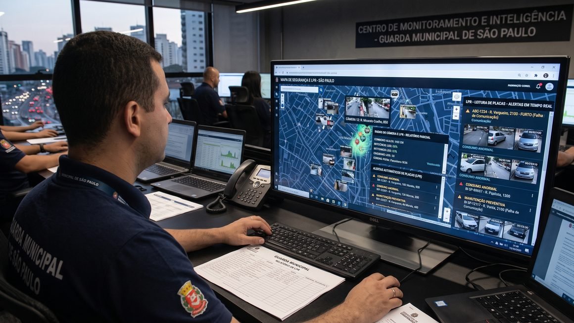Operadores em Centro Integrado de Comando e Controle (CICC) monitorando telas de Muralha Digital com leitura automática de placas (LPR) em tempo real