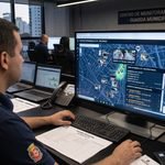 Operadores em Centro Integrado de Comando e Controle (CICC) monitorando telas de Muralha Digital com leitura automática de placas (LPR) em tempo real