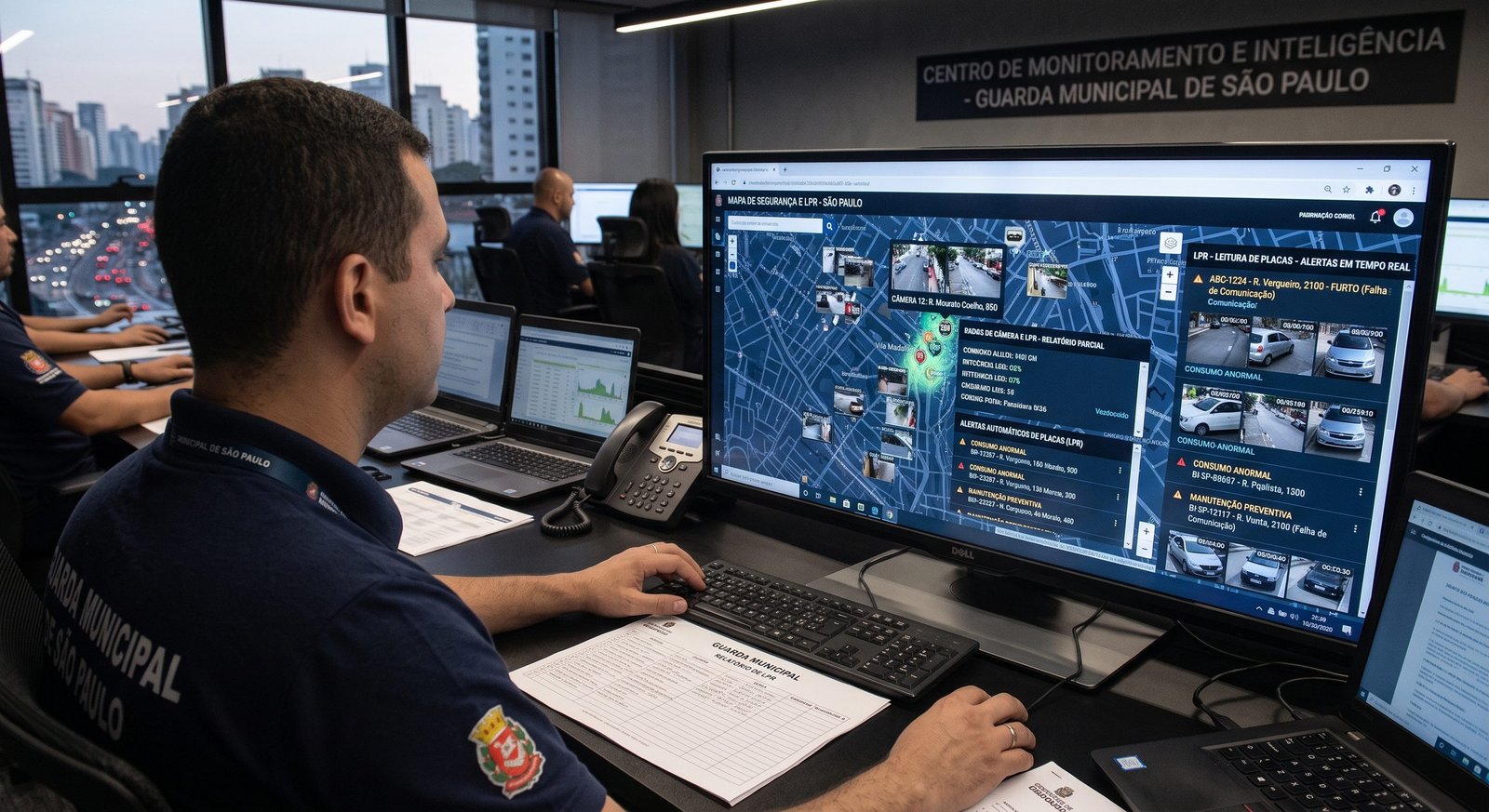 Operadores em Centro Integrado de Comando e Controle (CICC) monitorando telas de Muralha Digital com leitura automática de placas (LPR) em tempo real