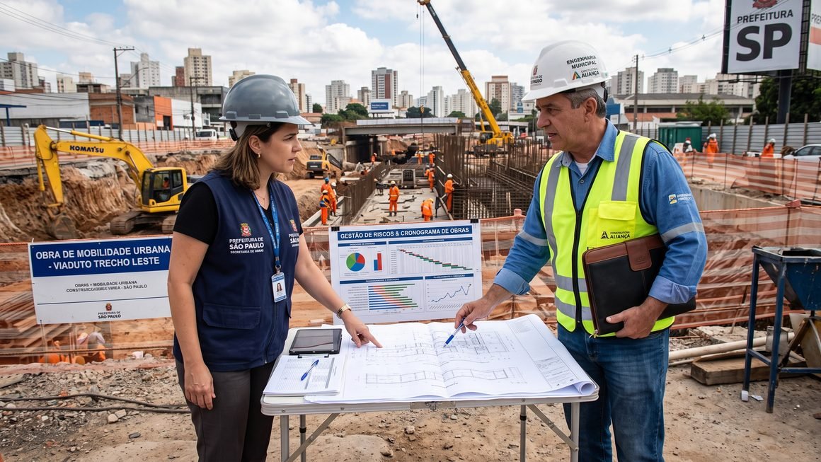Engenheiro e gestor público analisando projeto de obra pública e Matriz de Alocação de Riscos no canteiro de obras