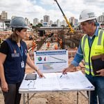 Engenheiro e gestor público analisando projeto de obra pública e Matriz de Alocação de Riscos no canteiro de obras