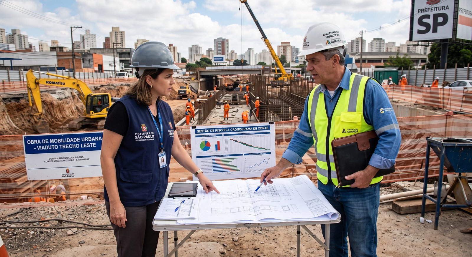 Engenheiro e gestor público analisando projeto de obra pública e Matriz de Alocação de Riscos no canteiro de obras