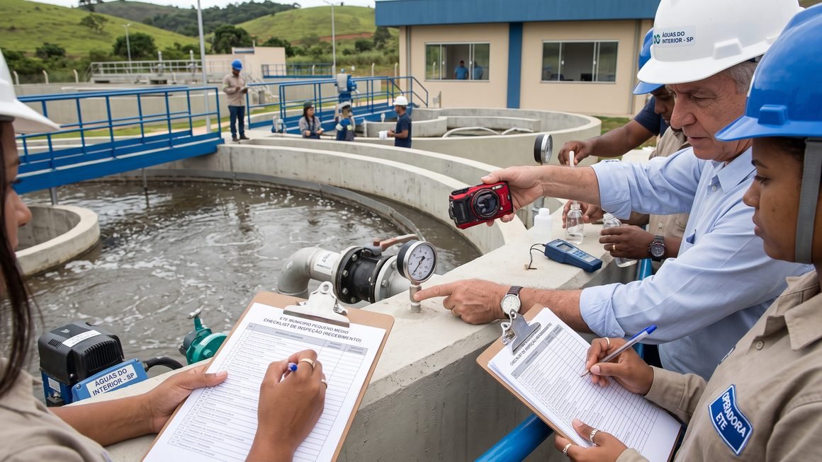 Engenheiros e técnicos inspecionando obras de estação de tratamento de esgoto e rede de saneamento básico municipal