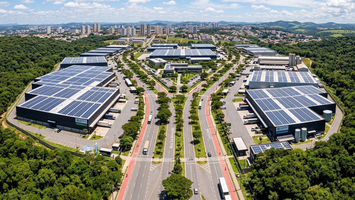 Vista aérea de Distrito Industrial Sustentável com telhados equipados com painéis solares, áreas verdes de preservação e galpões fabris modernos