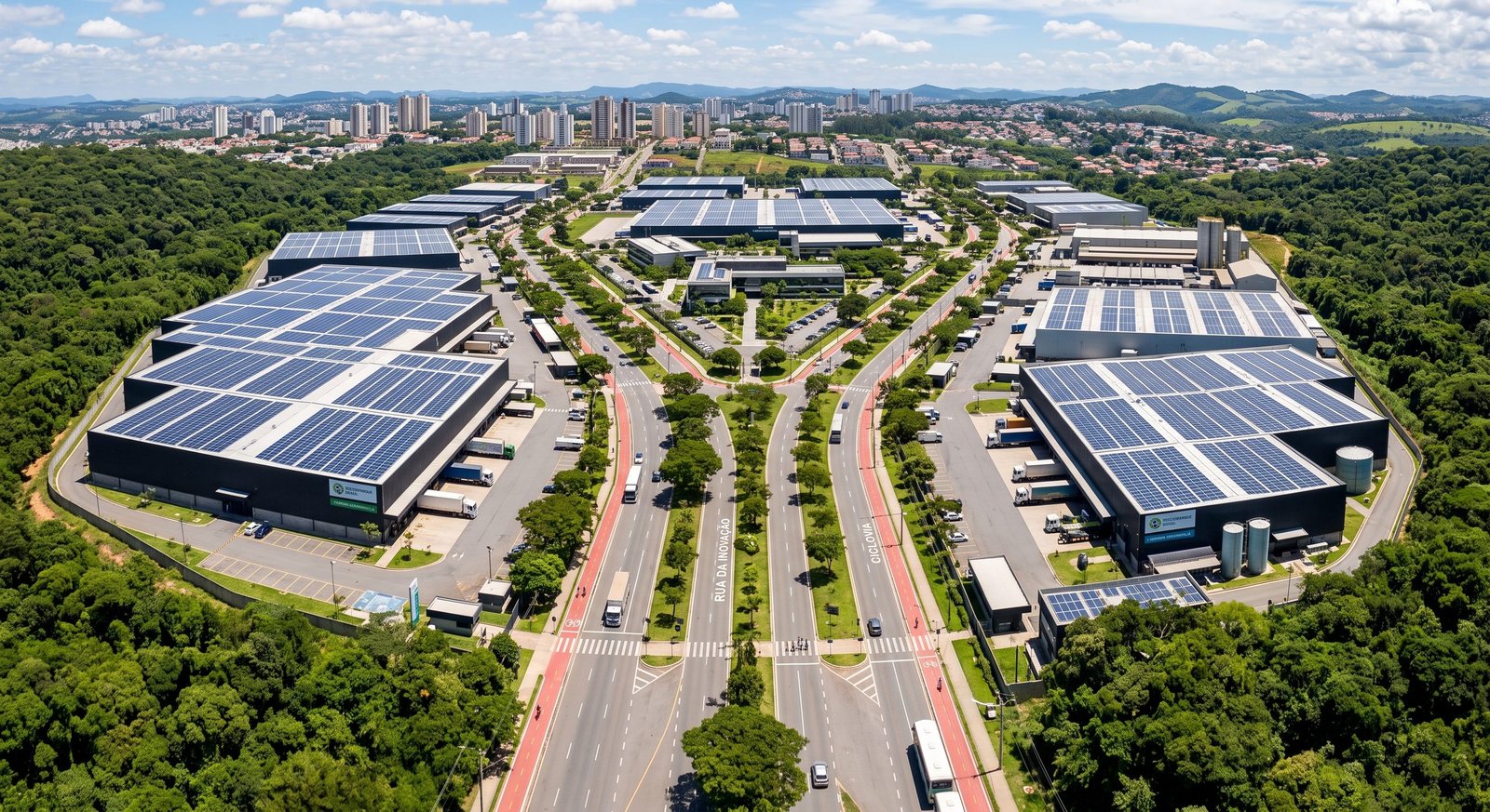 Vista aérea de Distrito Industrial Sustentável com telhados equipados com painéis solares, áreas verdes de preservação e galpões fabris modernos