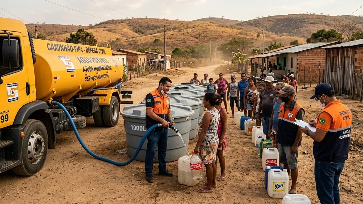 Caminhão pipa da prefeitura distribuindo água potável em comunidade rural afetada pela estiagem