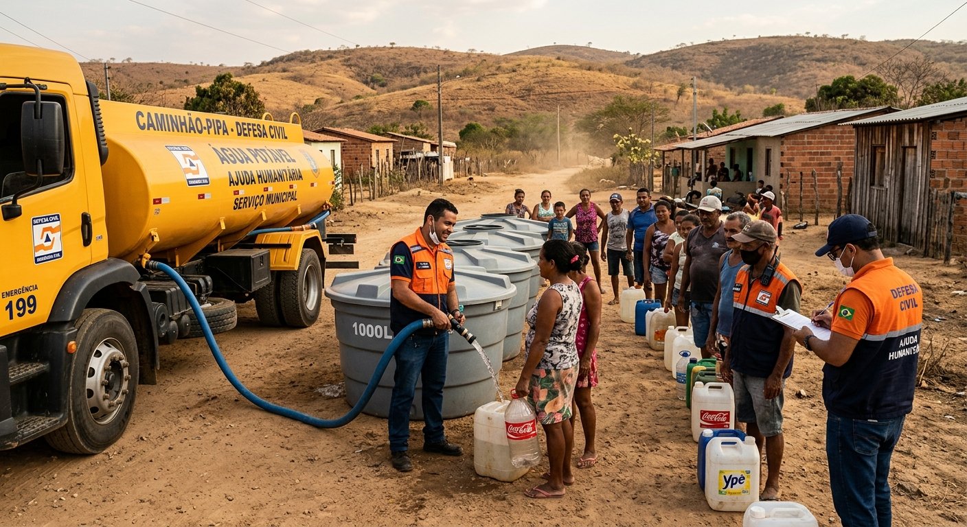 Caminhão pipa da prefeitura distribuindo água potável em comunidade rural afetada pela estiagem