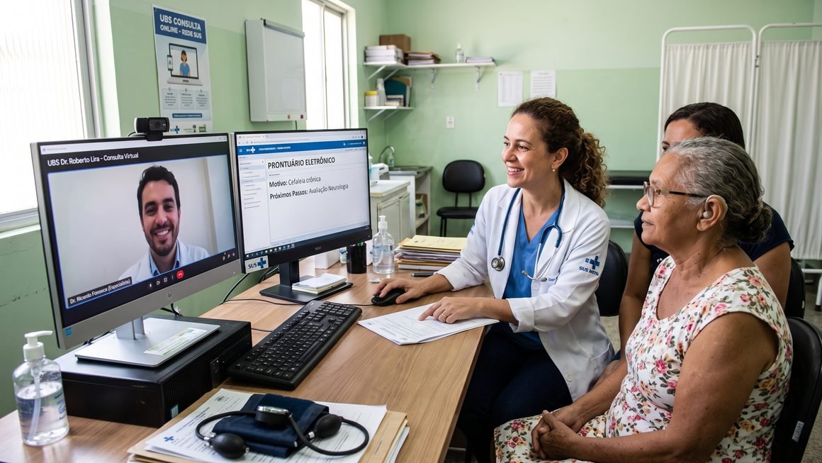 Médico da Família na Unidade Básica de Saúde realizando teleconsulta e telediagnóstico com paciente via monitor de computador integrado ao prontuário do SUS