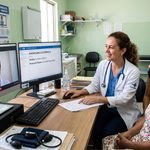 Médico da Família na Unidade Básica de Saúde realizando teleconsulta e telediagnóstico com paciente via monitor de computador integrado ao prontuário do SUS