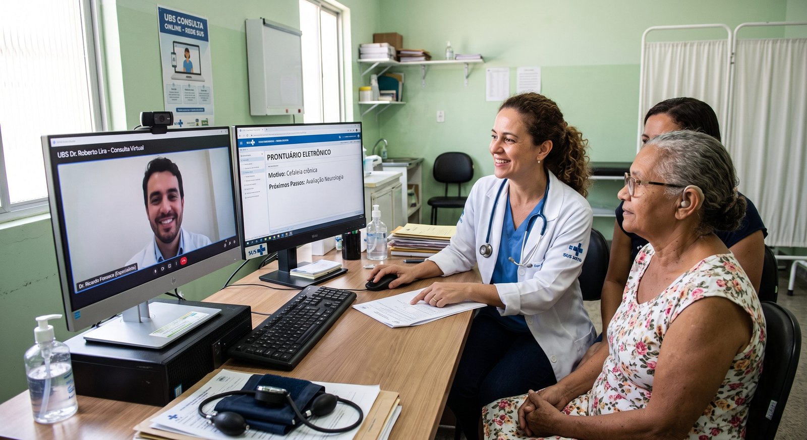 Médico da Família na Unidade Básica de Saúde realizando teleconsulta e telediagnóstico com paciente via monitor de computador integrado ao prontuário do SUS