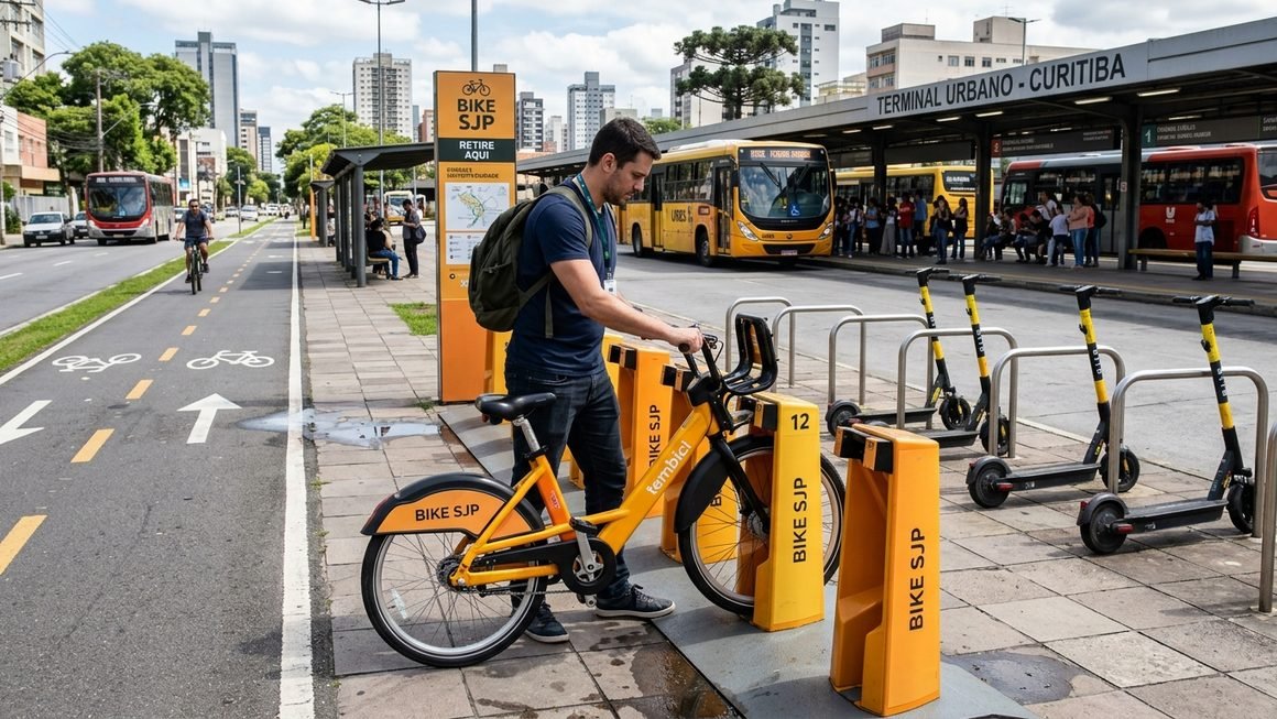 Estação de bicicletas compartilhadas e patinetes elétricos conectada a terminal de ônibus urbano