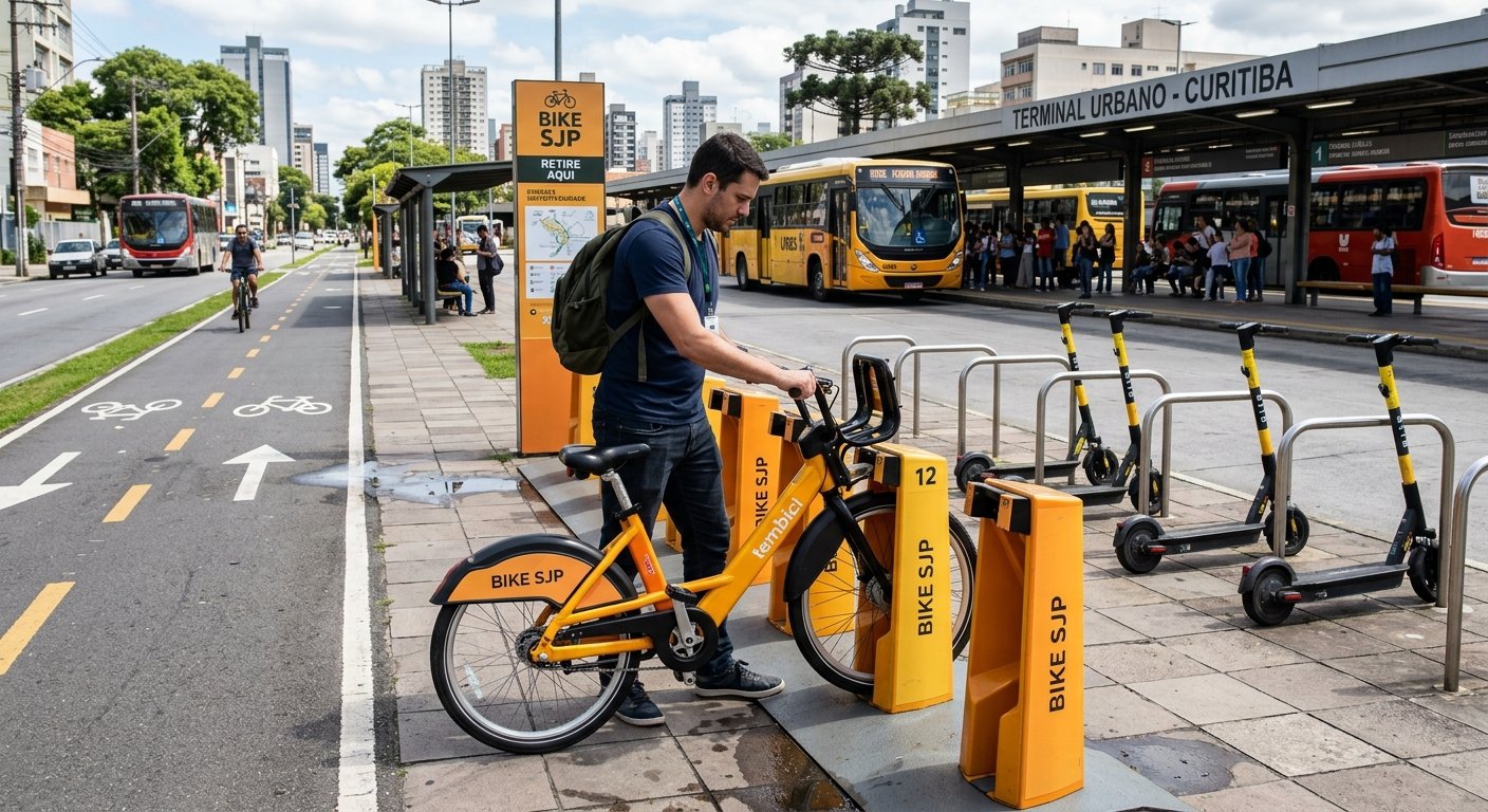 Estação de bicicletas compartilhadas e patinetes elétricos conectada a terminal de ônibus urbano