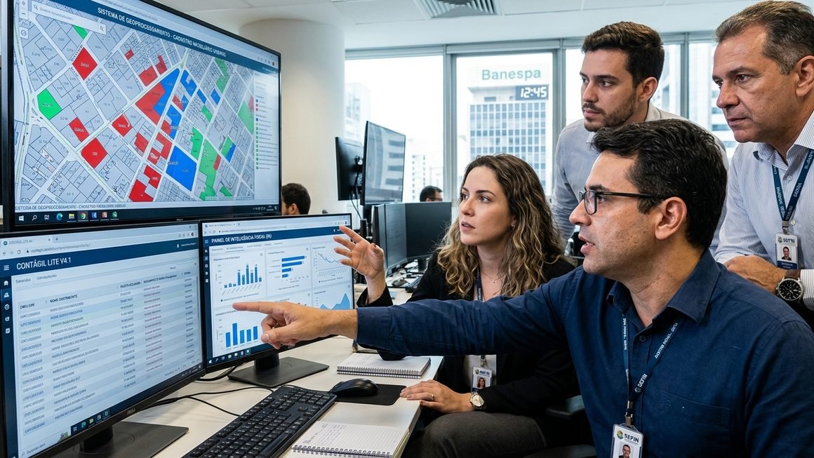 Auditores fiscais municipais analisando dados tributários e mapa de georreferenciamento no software ContÁgil Lite e sistema CIB